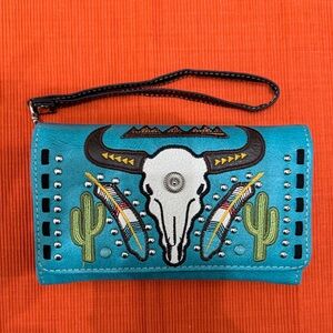 Zelris/Texas West western native longhorn skull embroidered feather cactus blue‎